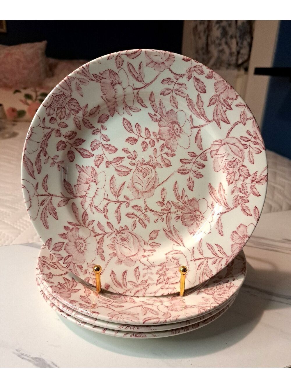 Vintage Set of 4 Churchill Pink Peony Chintz Toile Ceramic Salad Plates 8.25"